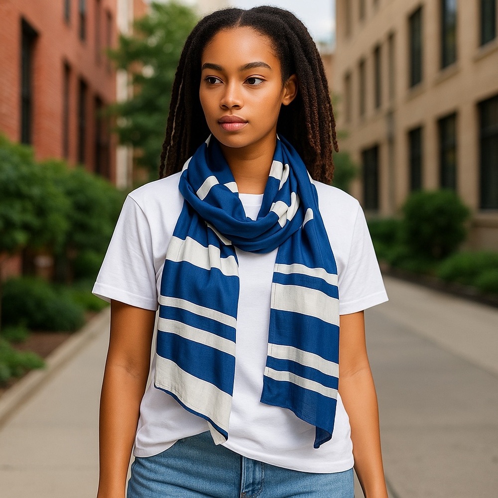 Echo Scarf Blue White Striped Sheer Translucent Lightweight Polyester